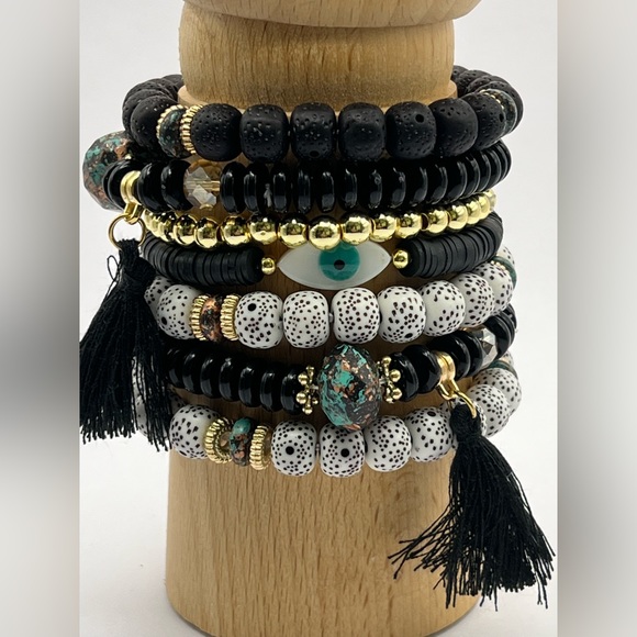 Stylish Boho Chic Gold & Black Stacked Bracelets -Trendy Mixed Style Bracelets - Picture 1 of 17